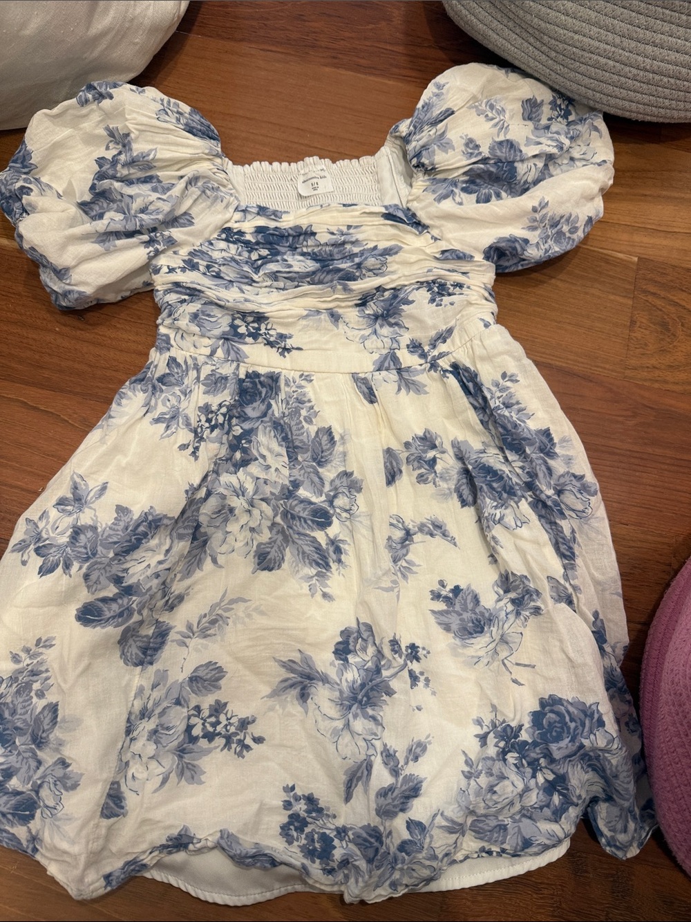 abercrombie kids White Dress with Blue Floral Puff Sleeves